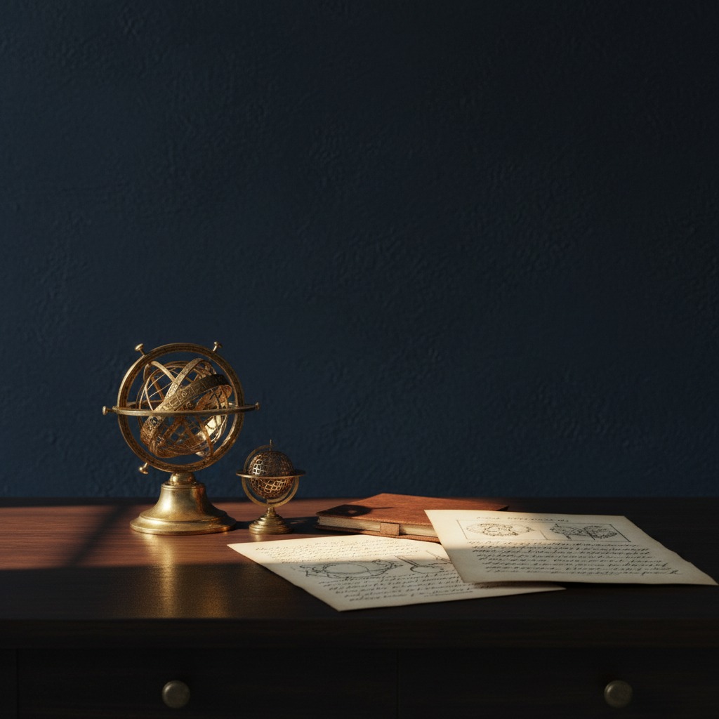 Minimalist academic concept representing history of science and epistemology, an antique golden brass astrolabe and armillary sphere next to open vintage manuscripts on a dark wooden desk, dramatic warm side lighting, dark slate blue background, cinematic, moody photography, high contrast, elegant