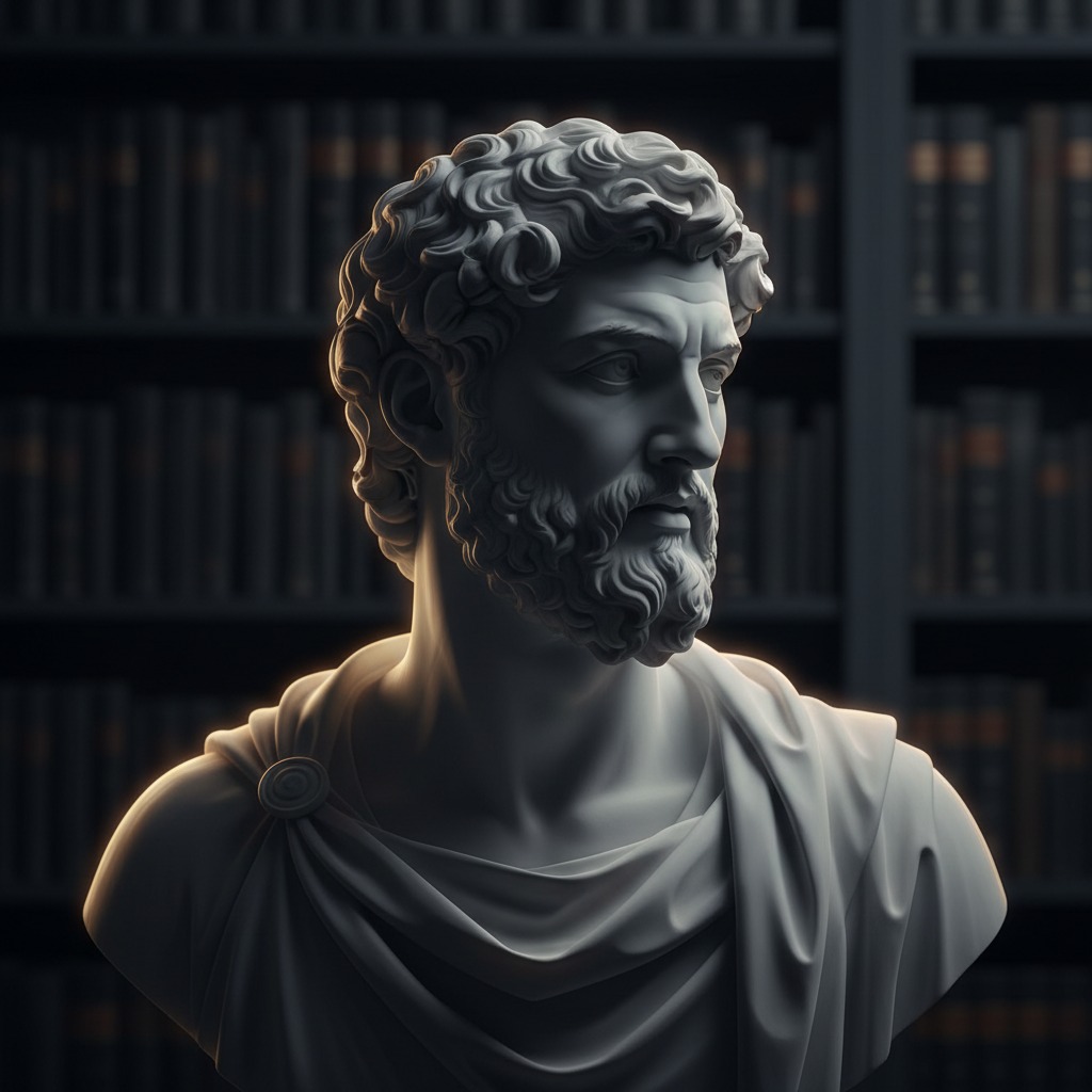 Minimalist academic philosophy concept, a classical marble bust in dramatic chiaroscuro lighting, subtle gold rim light tracing the sculpture profile, dark moody library background with books in soft blur, charcoal and slate blue color palette, elegant, high contrast, cinematic academic photography, clean composition