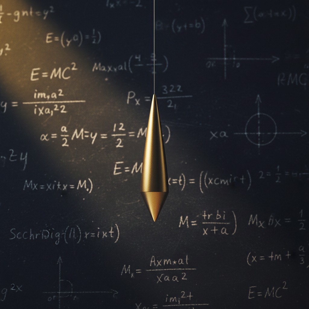 Theoretical physics and physical laws concept, a sleek brass pendulum suspended over a dark chalkboard with faint mathematical and physics equations in soft chalk, a subtle ray of light catching the pendulum tip, dark slate blue and gold lighting, minimalist, high contrast, moody academic photography, sharp focus